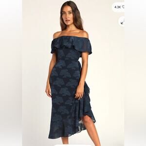 Lulus Pretty Perfect Navy Floral Burnout Off The Shoulder Midi Dress Medium